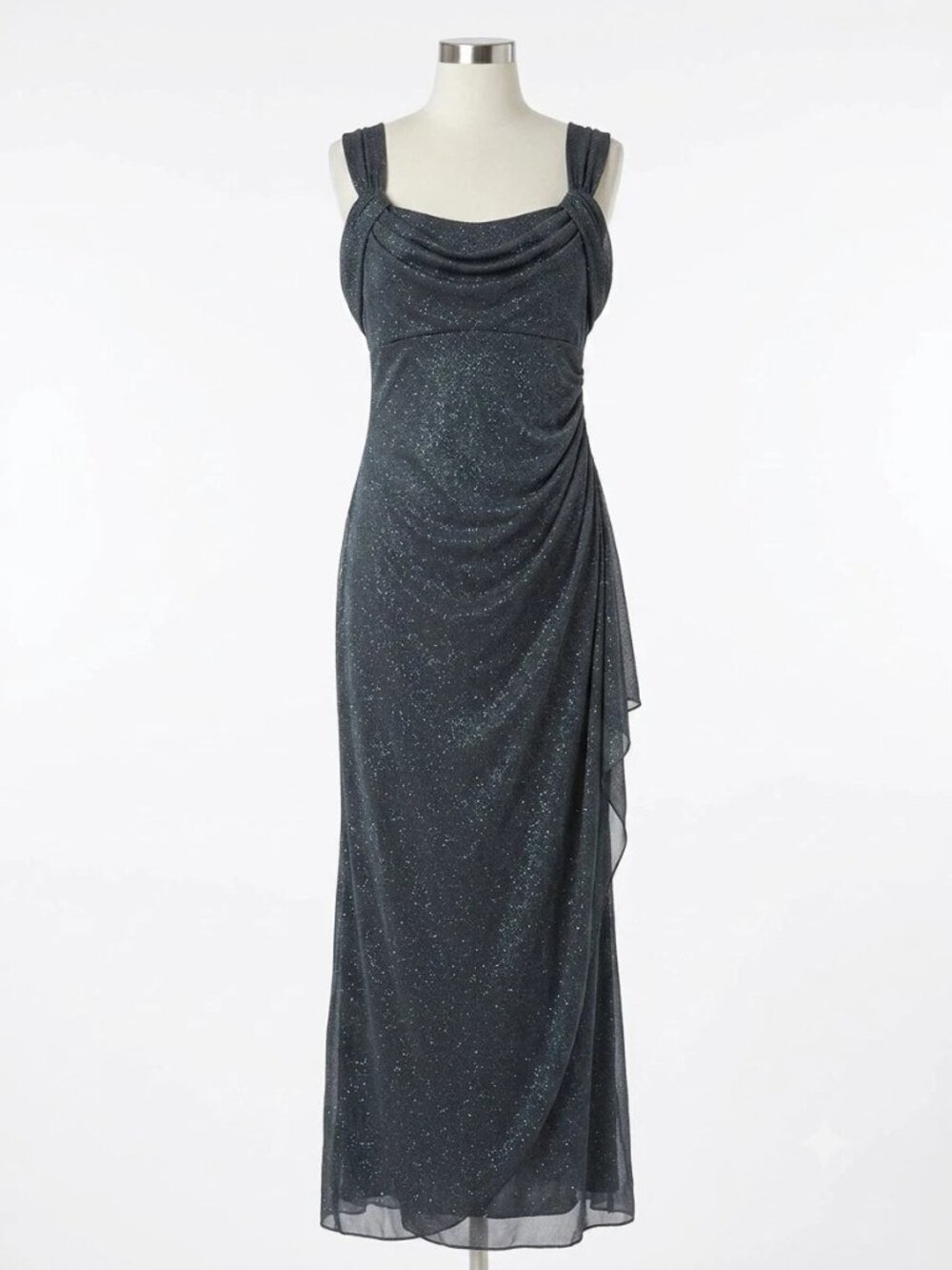 Alex Evenings Gray Glitter Mesh Gown Cowl Neck Formal Dress Size 14